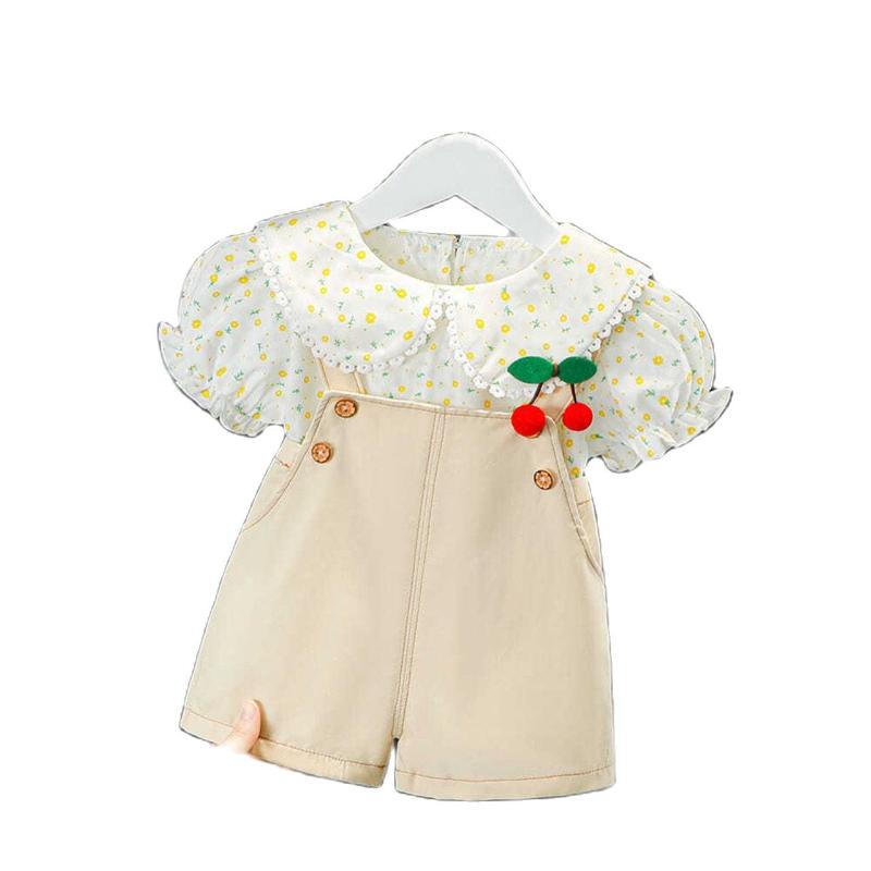 

Clothing Sets Baby Girl Clothes Cute Kid Summer Sleeve Lace Lapel Flower Print + Siamese Sling Fashion Princess Toddler Outfit, White