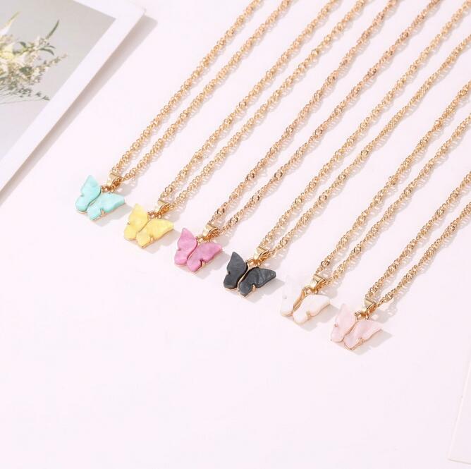 

11 Colors Butterfly Pendant Necklace Gold Chains For Women Simple Temperament Alloy Stone Druzy Necklaces Jewelry Gifts Wholesale