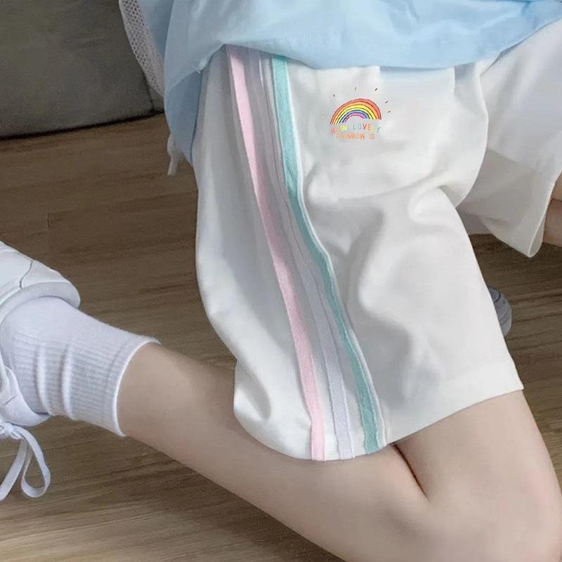 

Women' Shorts Summer Women' Five-point Casual Sports Loose 2022 High Waist A-line Wide-legs Pants Elastic Bars Rainbow Letter Printing, Black