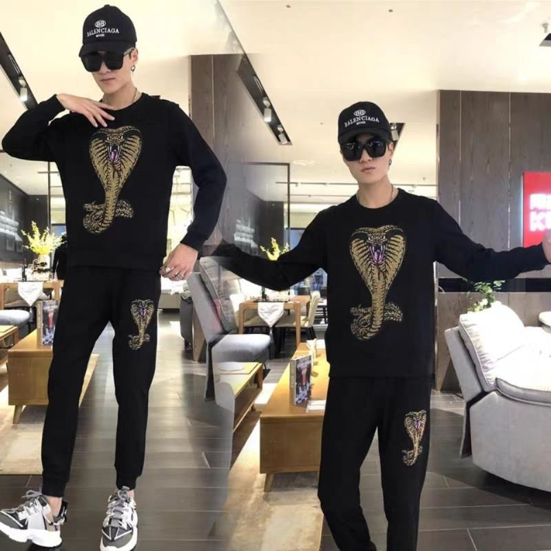

Fall/winter Men's Tracksuits Sportswear Diamond Personality Pattern Hoodiepants Casual Two-piece High Quality Sweatshirt, Black