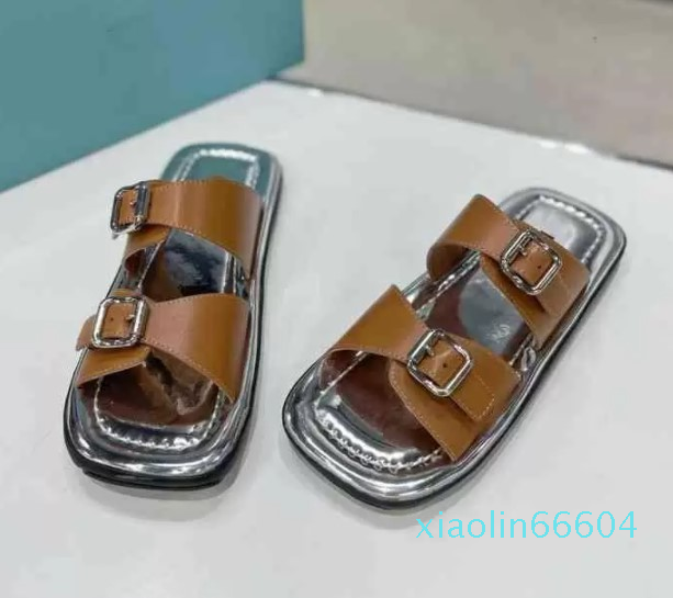 

Fashion-Sandals family women's shoes spring and summer mirror open toe sandals very simple wind buckle side empty flat bottom casual slipper, Brown slippers