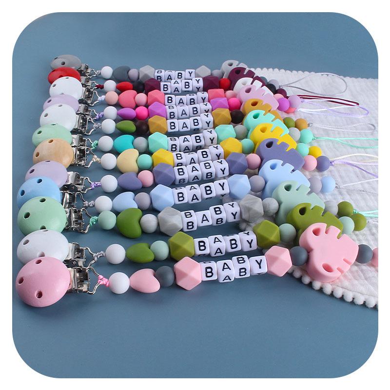 

Pacifiers# Personalise Name Safe Silicone Leaf Pacifier Chain Baby Wooden Clips For Molar Nipple Anti-dorp AccessoriesPacifiers#