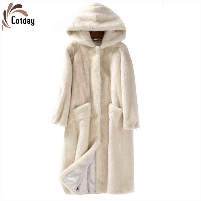 

Cotday Faux Fur Turn-down Collar Long With Hooded Fur Plus Size Korea High-end Sale Winter Warm Women Fur Outerwear Coat T220810, White