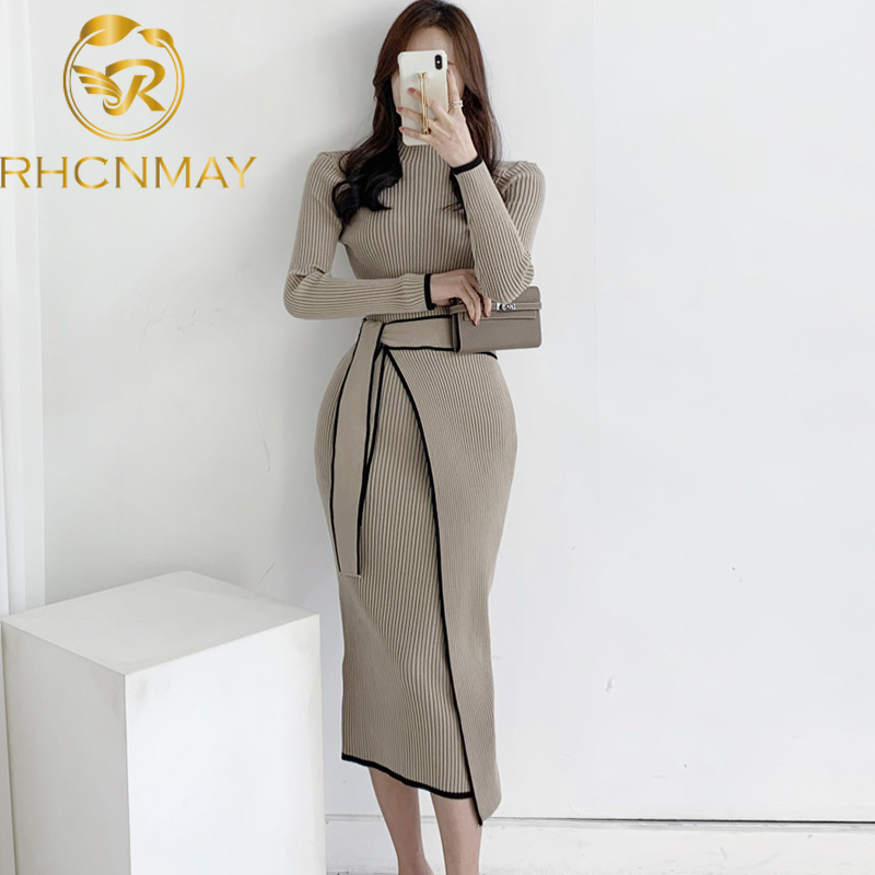 Woman Dress With Belt Vintage Patchwork Slim Knitted Midi es Women Autumn Winter Elegant Sweater Knit Vestidos 220521