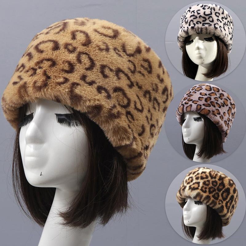 

Berets Women Winter Hat Leopard Faux Fur Ladies Thick Warm Skullies Beanies Female Bomber Flat Top Russian EarflapBerets