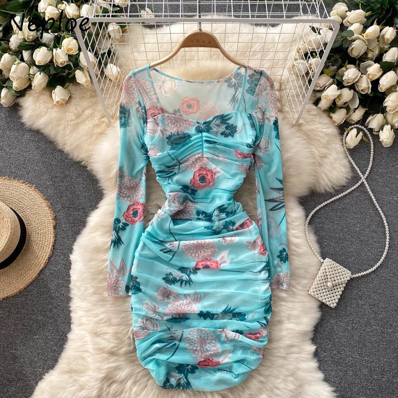 

Casual Dresses Neploe Elegant Temperament Ladies Pleated Short Robe Woman Square Collar Long Sleeve Vetidos Mujer Flower Pringted Mini Dress, Blue