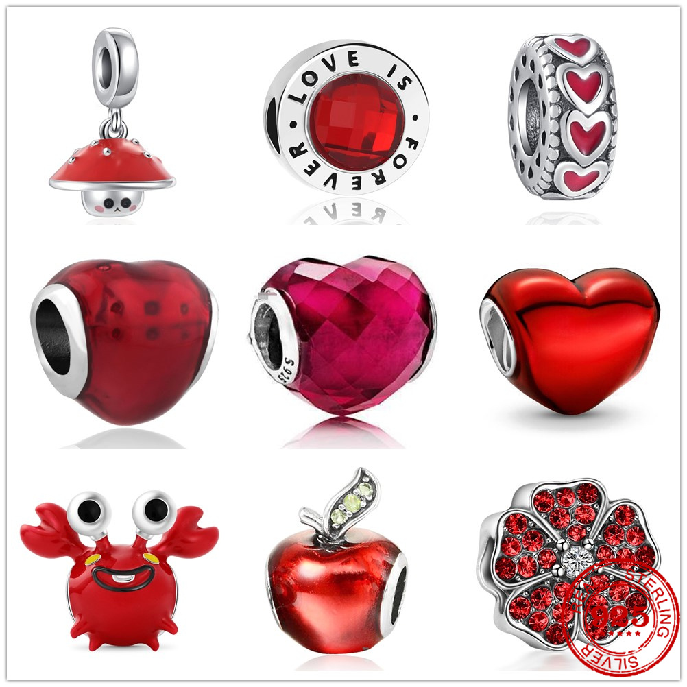 

925 Sterling Silver Dangle Charm New Red Lovely Crab Mushroom Flower Glass Heart Bead Fit Pandora Charms Bracelet DIY Jewelry Accessories