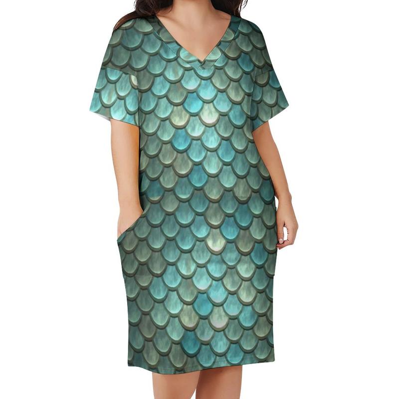 

Plus Size Dresses Metallic Mermaid Dress V Neck Blue Fish Scales Print Korean Fashion Summer Pretty Casual Ladies VestidoPlus, Style-10