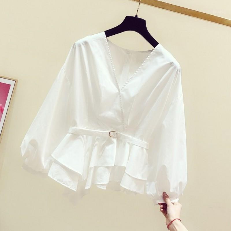 

White Women Blouse 2022 Summer Lantern Sleeved V-neck Sashed Ruffles Office Lady Elegant Pulls Outwear Tops Women' Blouses & Shirts