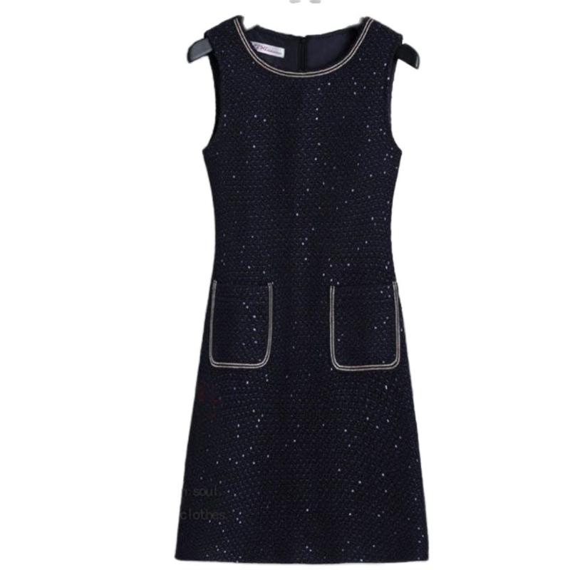 

Casual Dresses Women Tweed Sleeveless O Neck Dress Plaid Classic Elegant Long Slim Hedging Robe Pocket Bodycon Fit Summer Evening, Black