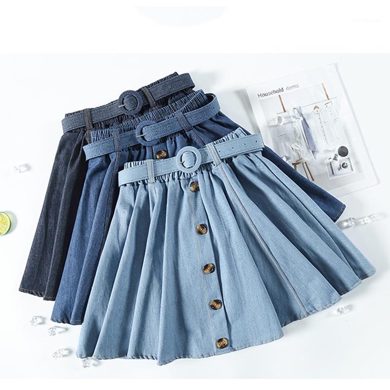 

Skirts 2022 Summer Women Denim Mini Skirt With Belt Fashion Short High Waist A-Line Ladies Sexy Miniskirt Harajuku Casual Club, Denim blue