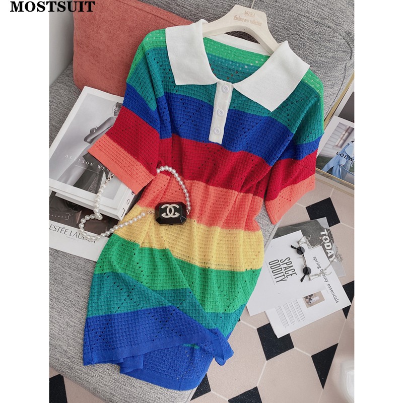 

Rainbow Striped Loose Long Knit T-shirt Sweater Women 2022 Summer Short Sleeve Hollow Fashion Tees Tops Pullovers, Green