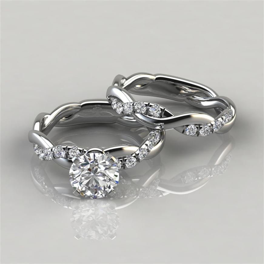 

925 Sterling Silver Round Cut Diamond Engagement Ring and Wedding Band Set Engagement Rings Size 5 -122717