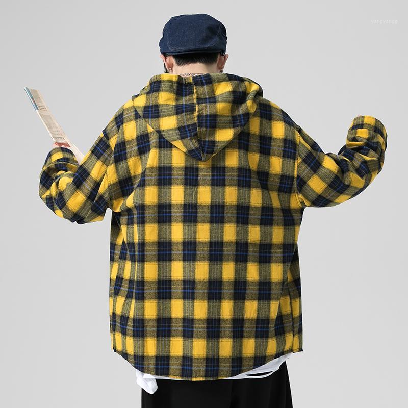 

CHENYUSKY- Spring Autumn Men's Slim Fit Men Long Sleeve Hooded Shirt Plaid Male Casual Large Size 5XL, Yellow