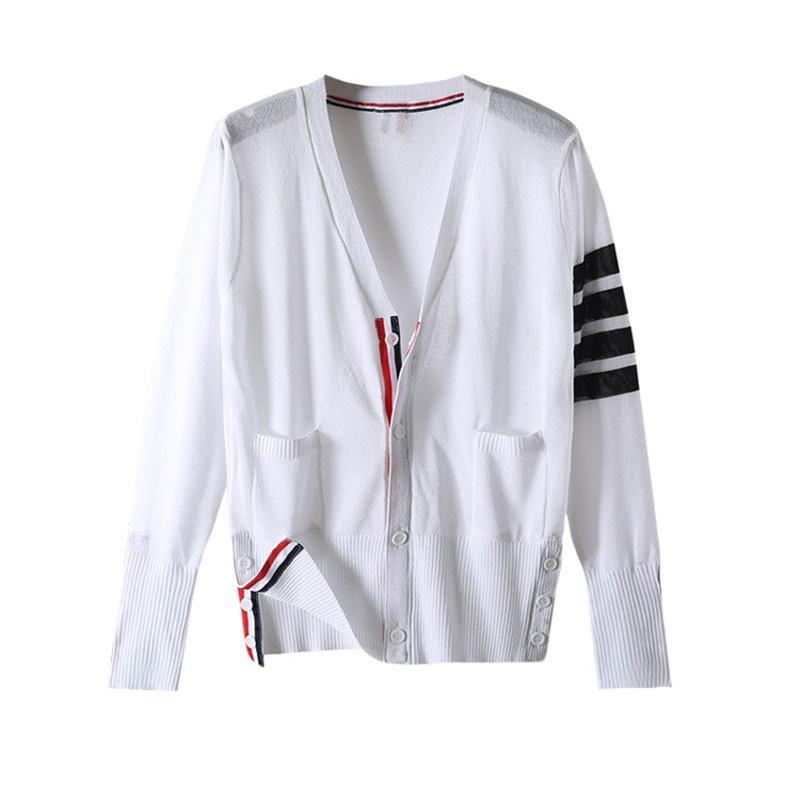 

Women' Knits & Tees Thin Summer Knit Sweater Women Fashion Loose V-Neck Long Sleeve Stripe Ice Silk Knitting Cardigan Tops 3 Color Sweaters, Dark grey