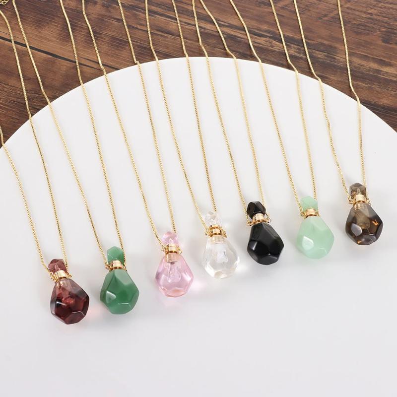 

Pendant Necklaces Natural Pink Amethysts Quartz Tiger Eye Stone Perfume Bottle Necklace Crystal Essential Oil Diffuser Vial JewelryPendant