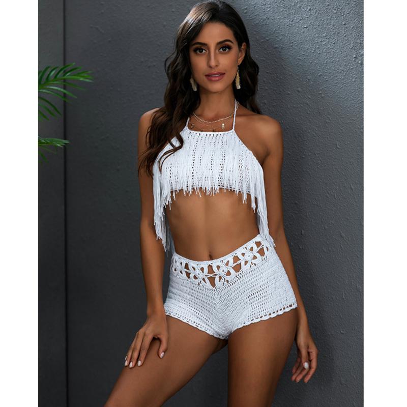 

Women' Swimwear Summer Holidays Crochet 2PCS/SET Beach Cover Up Sexy Women Tassel Crop Top Shorts Bottom Cover-ups 2022, Khaki