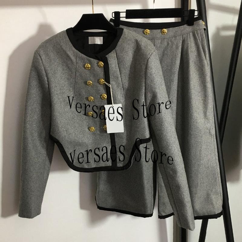 

Women' Two Piece Pants 2022 Luxury Design Fashion Suit Double Row Gold Button Irregular Long Sleeve Tweed Coat + High Waist And Wide Leg, Gray
