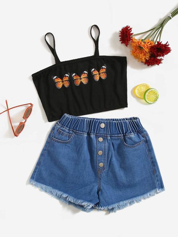 

Girls Cami Top & Raw Cut Denim Shorts SHE, Multicolor