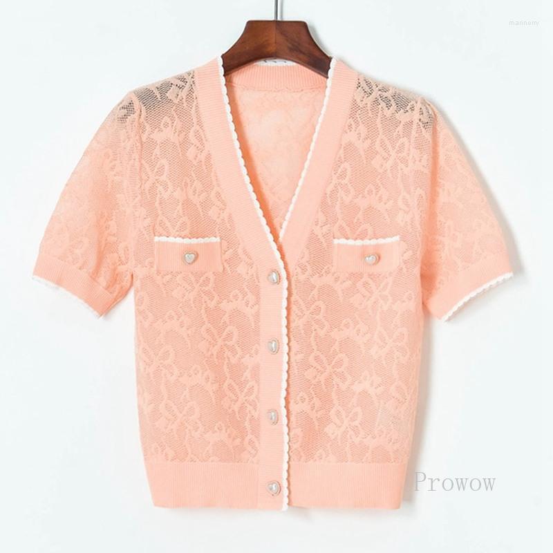 

Women' Knits & Tees Lace Cardigan Women 2022 Sumer Crop Top Perspective Short Sleeve See Through Sweater Shirt Green Tops WhiteWomen' Mari