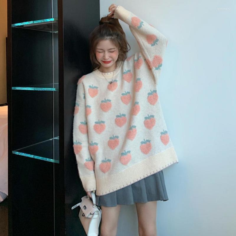

Women's Sweaters Korean Style Girl Loose Sweet Lazy Retro O-Neck Strawberry Print Long Sleeve Sweater Streetwear Knit Knitted PulloversWomen