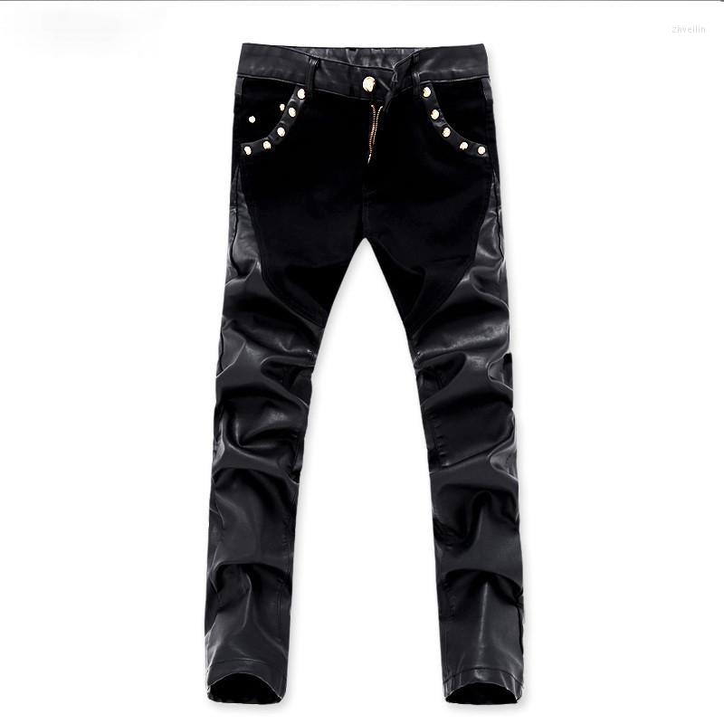 

Men's Jeans Punk Style Rivets Designer Men High Quality Fashion Stretch Pu Leather Patchwork Black For MenMen's, Black 6813