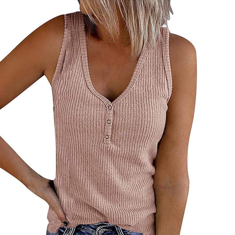

Women' T-Shirt Summer Woman Fashion Loose Tank Top Half Cardigan Buttons Solid Color V-Neck Sleeveless Vest Casual Large Size TopsWomen, Claret