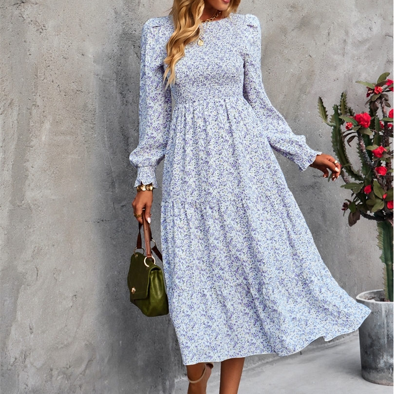 

Women Fall Winter Square Collar Long Sleeve Casual Dress For Ladies Fashion High Wait Floral Printed Dresses 220816, Pink
