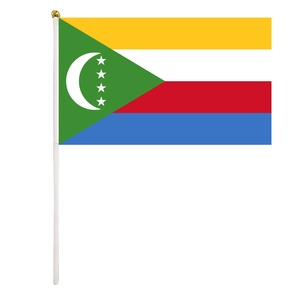 

Comoros Hand Waving Flag 14X21CM Premium Polyester Mini World Country Flag Banner With Plastic Flagpole