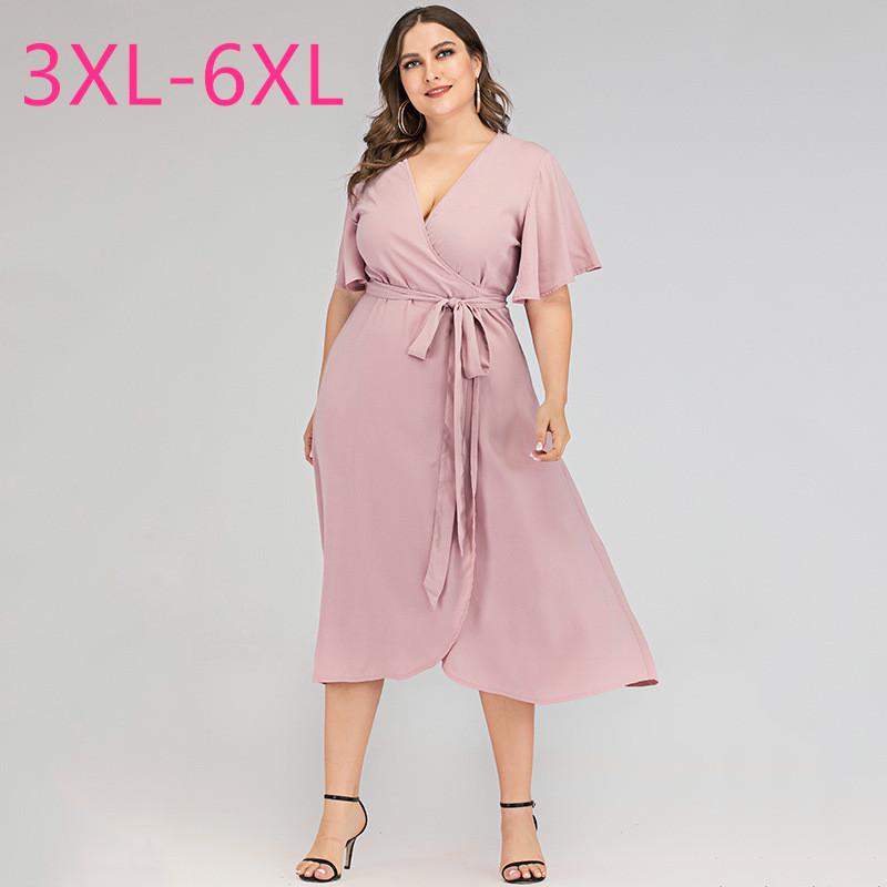 

Plus Size Dresses Summer For Women Large Short Sleeve Loose Deep V-neck Sexy Belt Pink Midi Dress 3XL  5XL 6XLPlus