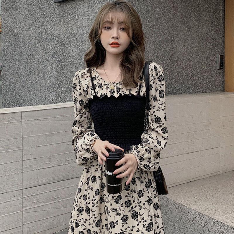 

Casual Dresses Korean Version Retro Sweet Light Luxury Two-piece Niche French Crewneck Pleated Lantern Long Sleeve Dress Women, Apricot