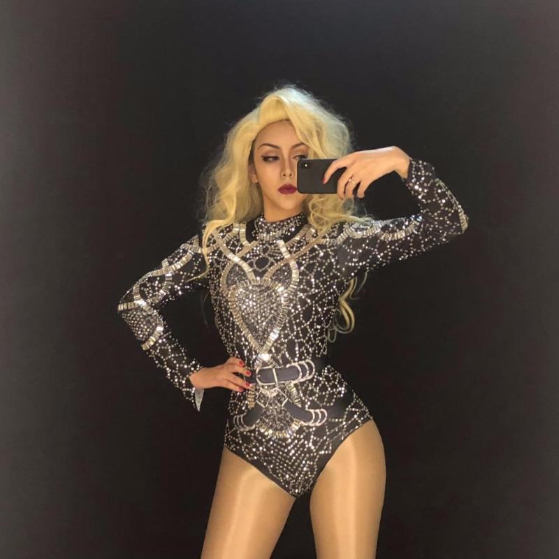 

Women' Two Piece Pants Women Sexy Black Bodysuit Silver Sparkling Crystals Pearls Jumpsuit Nightclub Party Stage Wear Performance Costumes