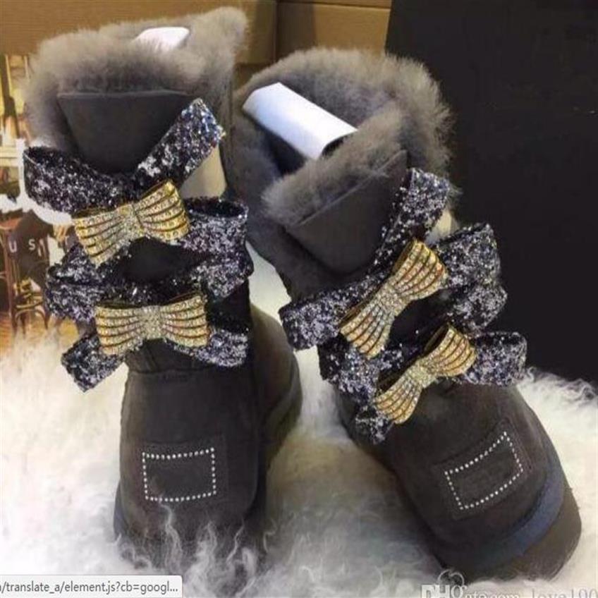 

2020 new Australian snow boots Middle tube fashion warm women's cotton shoes Bowknot drill snowshoe size A22294H