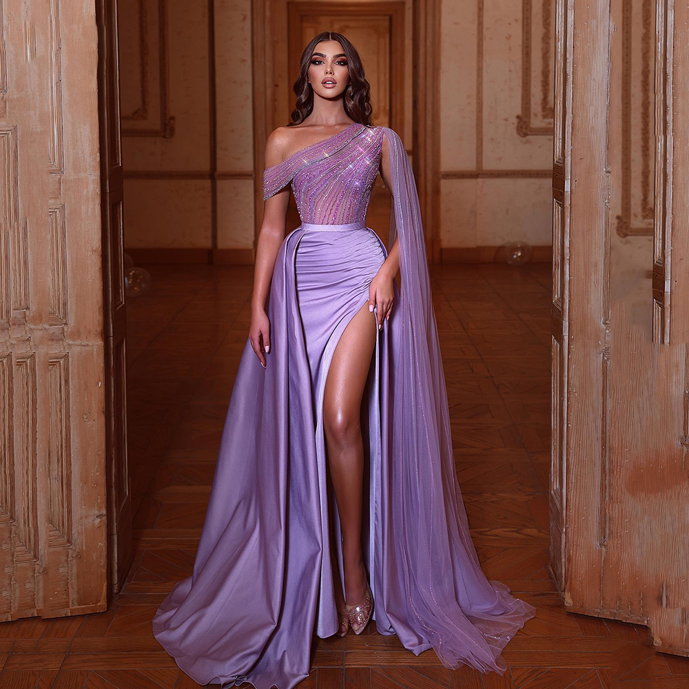 

Purple One Shoulder Evening Dresses Beading Top Side Split Celebrity Gown Ruched Satin Arabic Dubai Females Robe de Soiree with Cape, Light purple