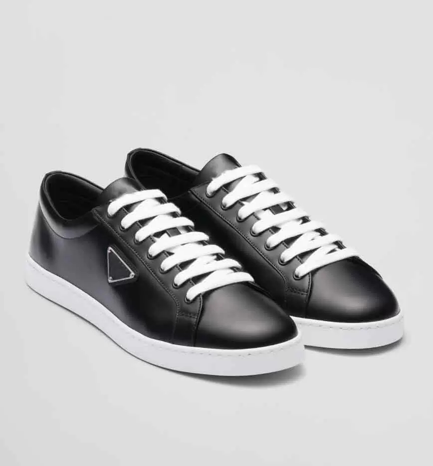 

Top Luxury White Black Brushed Leather Sneakers Shoes For Men Metal Triangle Skateboard Comfort Casual Walking Discount Footwear EU38-46