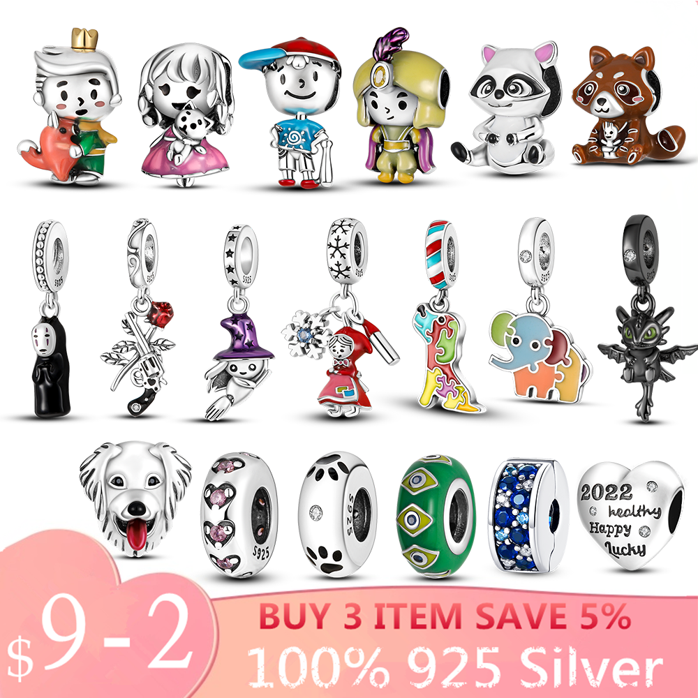925 Sterling Silver enrôle Charme Prince Little Fox Ratcoon Elephant Homme sans visage Witch Boy Perles de chien Perle Fit Charms Bracelet Bijoux