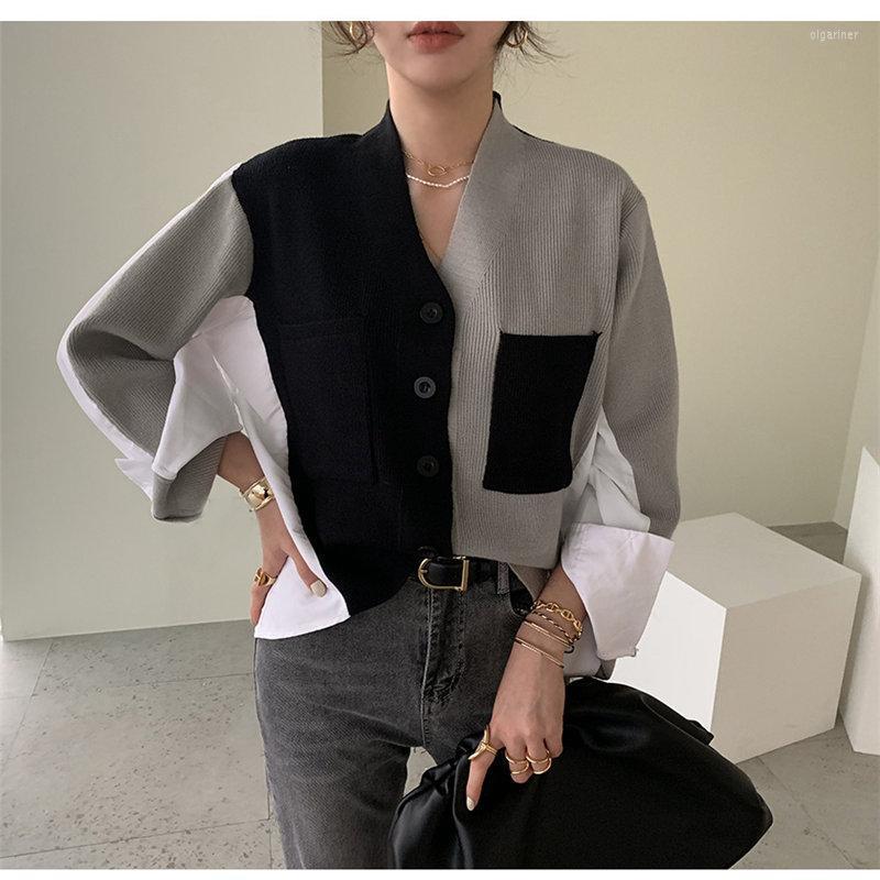 

Women's Knits & Tees Alien Kitty Korean Style 2022 Fashion Patchwork Chic Brief Autumn Basic Knitted Women V-Neck Cardigans Color-Hit Sweate, Photo color