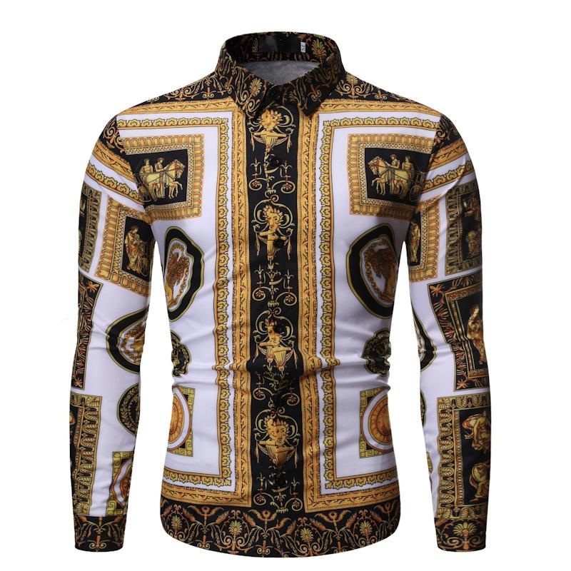 

Men' Casual Shirts Fashion Men Baroque Floral Royal Long Sleeve Print Designer Dress Fancy Slim Social Gold Shirt, Beige