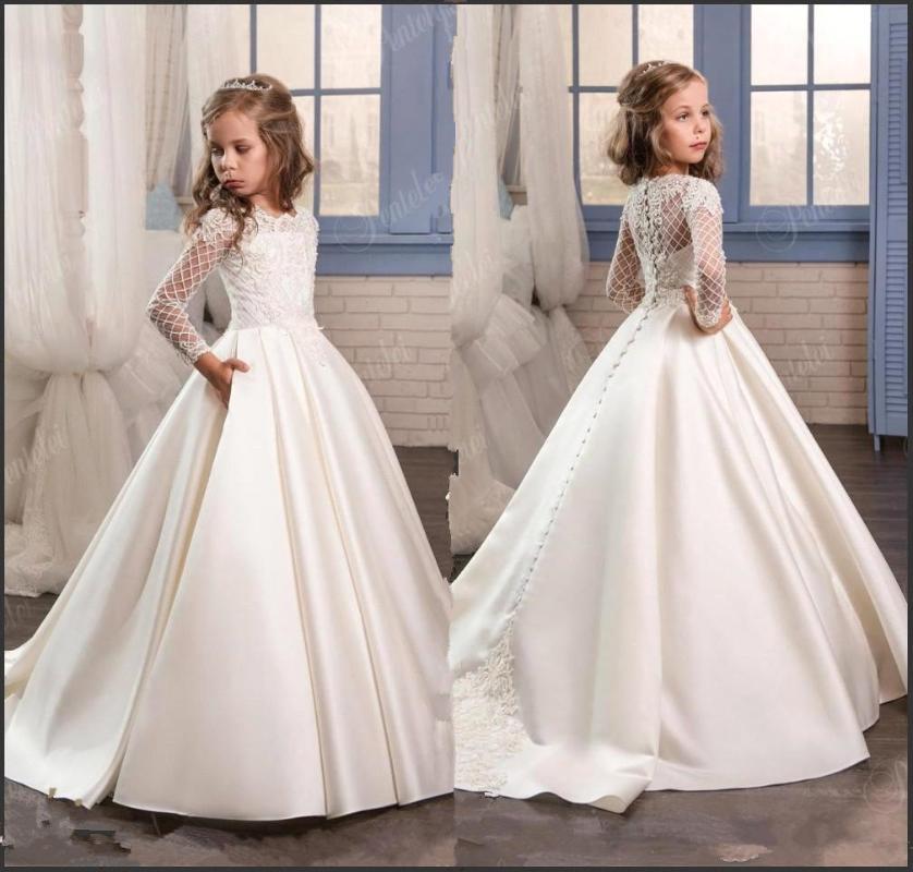Girl's Dresses White Satin A-Line Floor-Length Short Sleeve Girls Pageant First Communion For Flower Girl-image-765402457