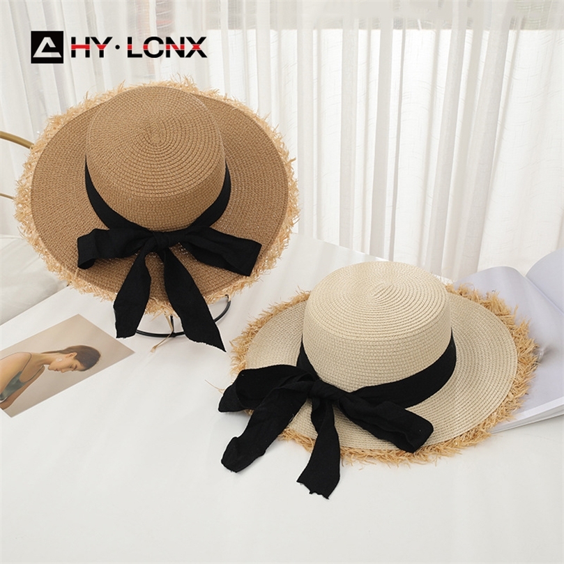 

Summer Fashion Flat Top Big Brim Bowknot Decoration Sun Hat Womens Outdoor Travel Beach Straw Hat 220712, Beige black