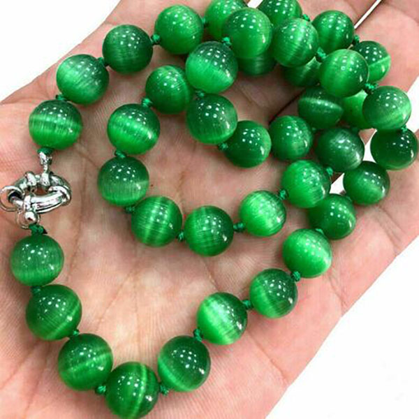 

Natural 12mm Mexican Green Cat's Eye Gemstone Round Bead Necklace 18"