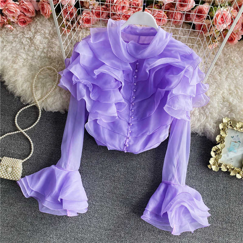 

Women Shirt 2022 Spring Autumn French Palace Style Ladies Super Fairy Layered Ruffled Organza Flared Sleeve Blouses, Same as picture
