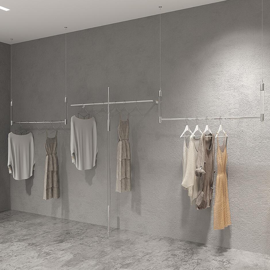Display rack on the wall of clothing store Commercial Furniture acrylic hanging racks stainless steel show shelf women's clothing hangings-image-777101294