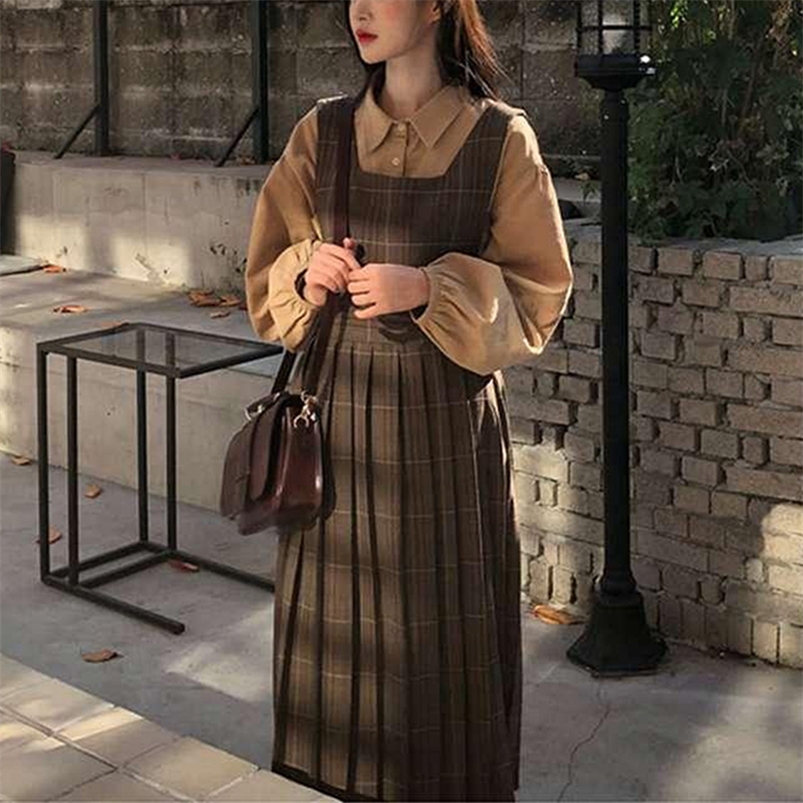 

Spring Summer Plaid Dress Strap Sleeveless Pleated Kawaii Long Vestido robe Mujer 226014, Blouse