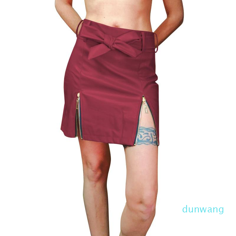 

Skirts Fashion Belt Zipper Western Style Mini Leather Skirt Female High Waist Bag Hip Black A-line PU Short Red BrownSkirts, Coffee