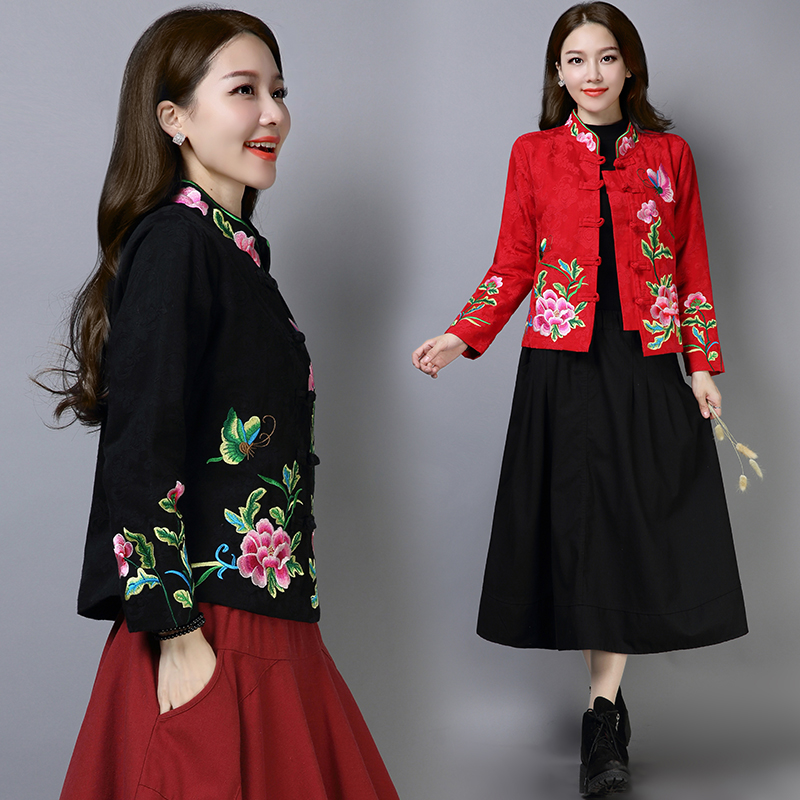 

Chinese style coat women short embroidery national style jacket retro stand collar heavy industry embroidered women jacket tops, Red jacket