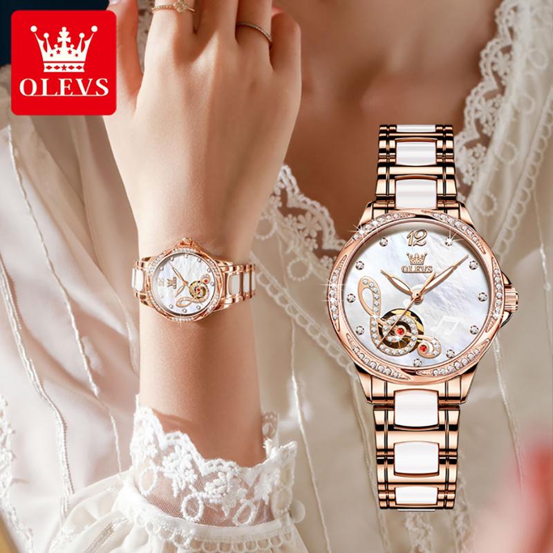 

Wristwatches Watch For Women Top Ceramic Strap Waterproof Ladies Watches Automatic Mechanical Wristwatch Montre Femme Bracelet, White