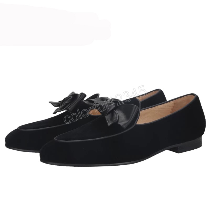 

Superior Quality Black Velvet Dress Shoes Men Moccasin Handmade Leather Bow Tie Men's Loafers British Classic Style Smoking Shoes, As picture