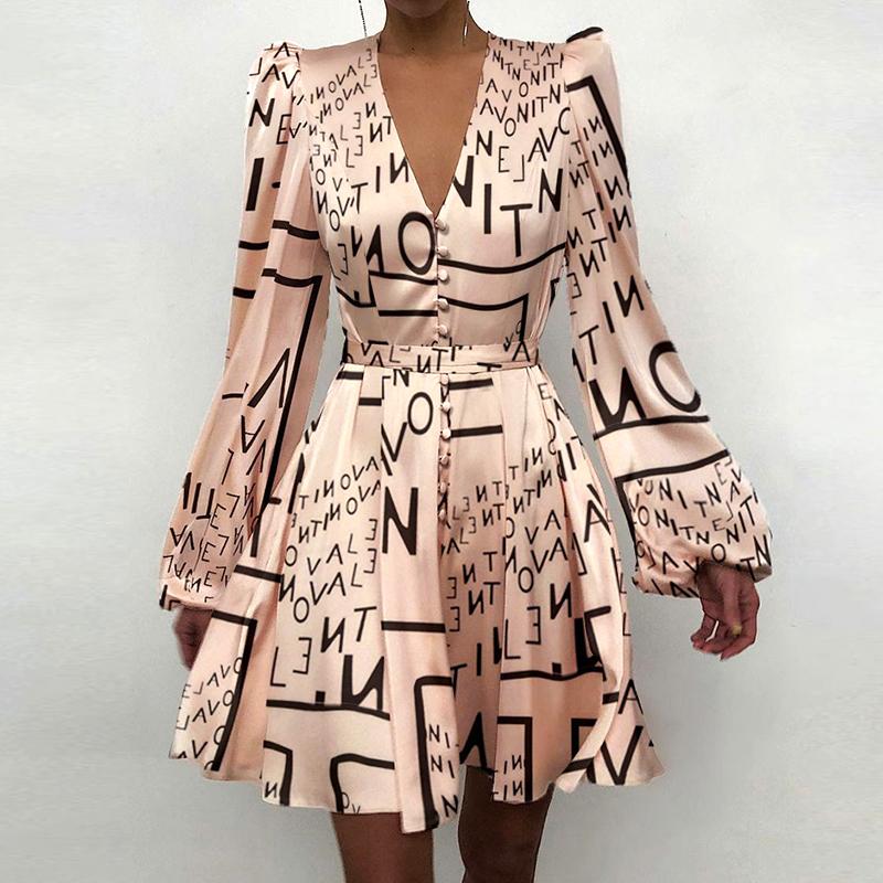 

Casual Dresses Elegant Lantern Sleeve A-Line Mini Dress Office Lady Print Long Vestido Women Sexy V Neck High Waist Party, Pink