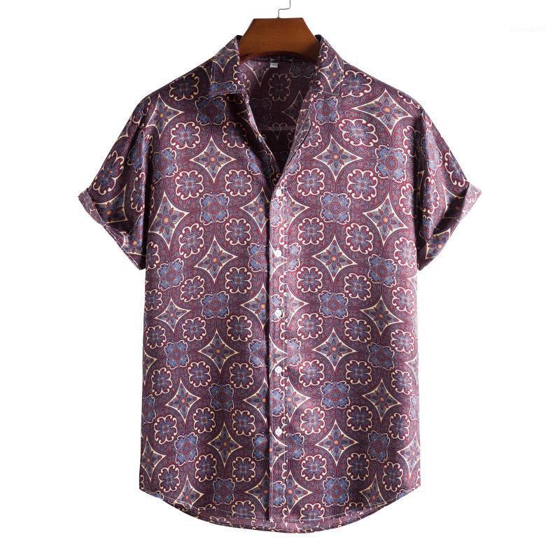 

Men' Casual Shirts Men Shirt Vintage Ethnic Printed Turn Down Collar Short Sleeve Loose Hawaiian Beach Streetwear Chemise Homme